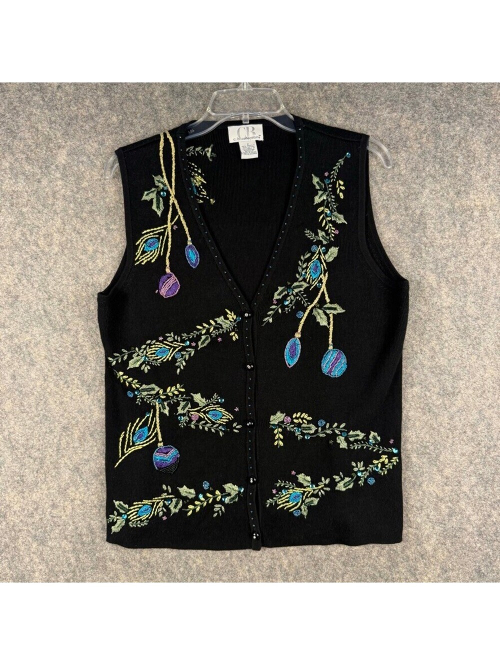 CB Collections Beaded/Embroidered Novelty Holiday Sweater Vest Black Size M 296